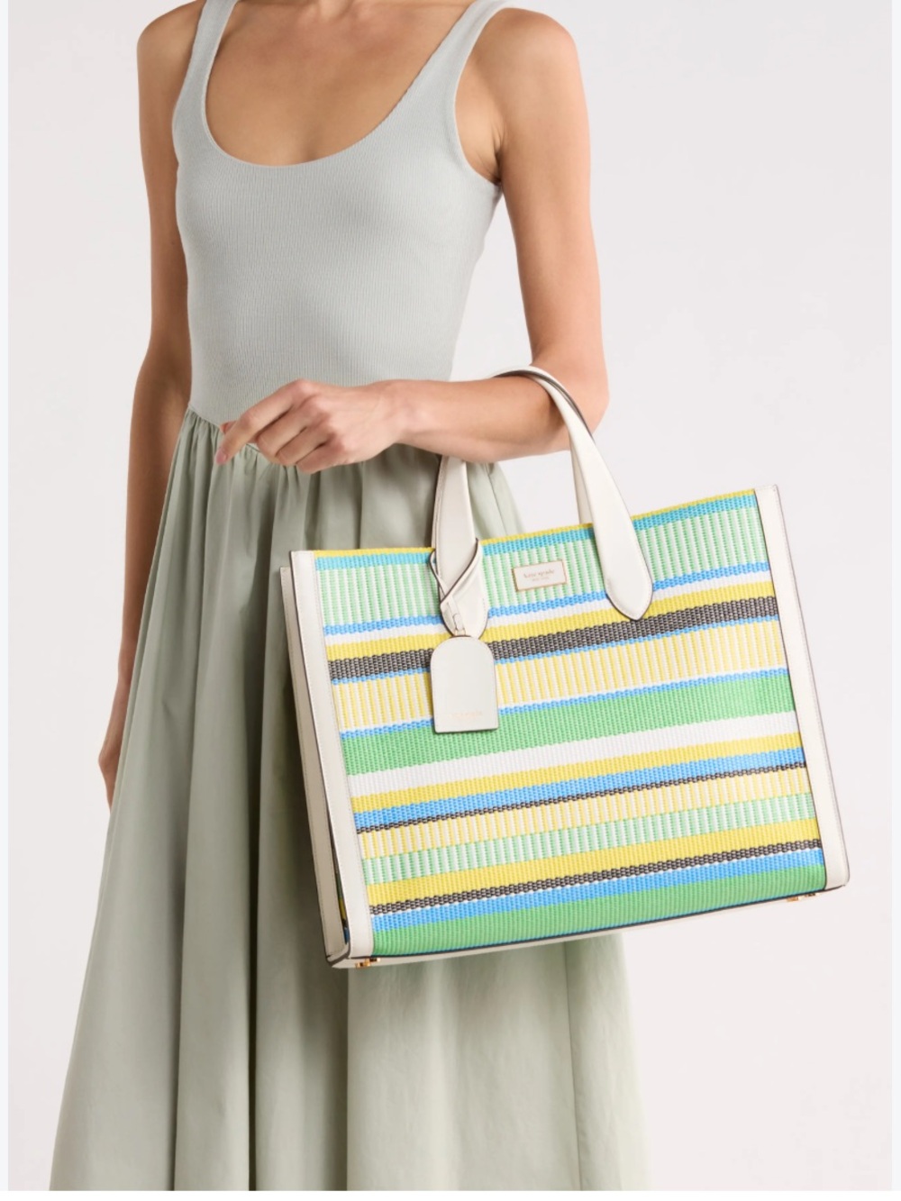 Kate Spade NY Manhattan Large Striped Woven Straw Tote Green Multi NWT $498 NEW